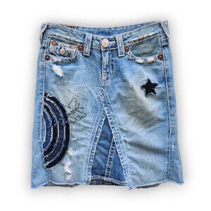 Vintage True Religion Y2K Patchwork Denim Skirt